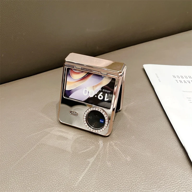 Electroplated Mirror Makeup Phone Case For VIVO X Flip Hard PC Back Cover For VIVO X Flip Camera Belt Drill Case Shell