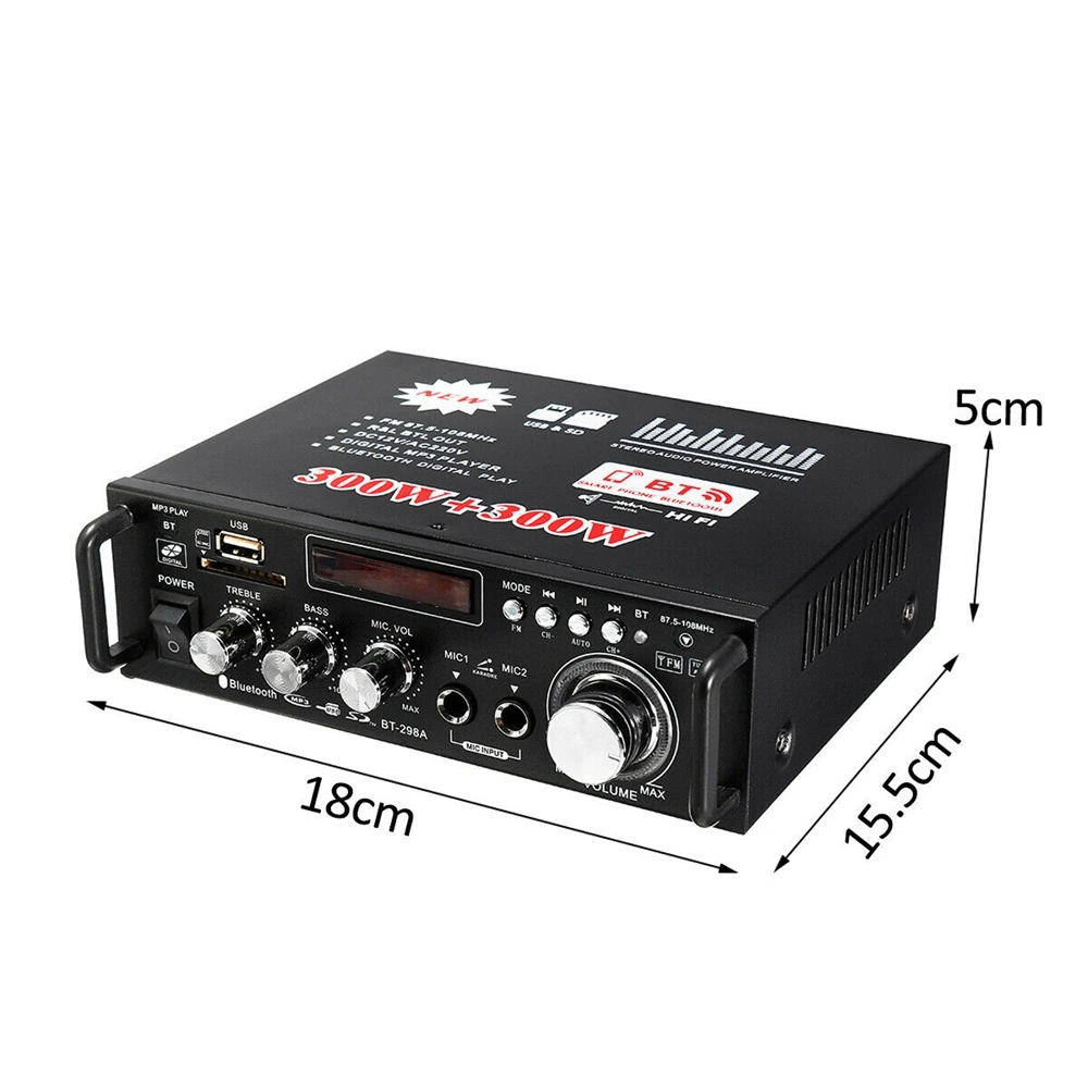 Car Stereo Amplifier 12V/ 220V BT-298A 2CH LCD Display 300W+300W Digital HIFI Audio Stereo Power Amplifier Bluetooth FM Radio With Remote Control EU