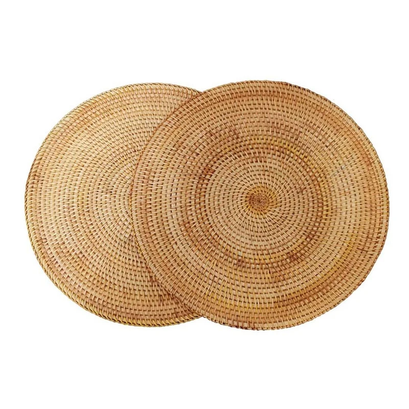 2 Pcs Handmade Round Natural Rattan Placemat Farmhouse Round Wicker