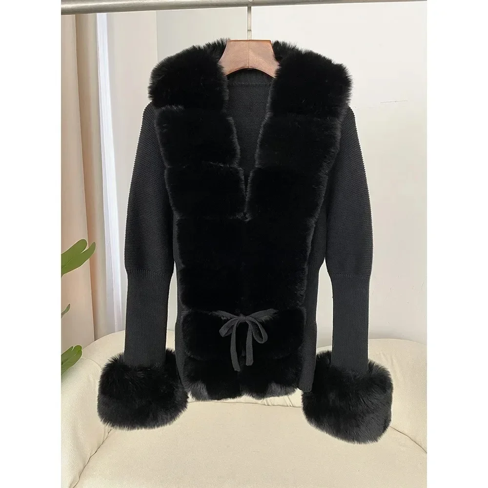 Autumn/Winter 2024 Women's Fur Coat Luxury Patchwork Knitted Sweater Bandage Fur Cardigan Detachable Collar Jacket Faux Fur Coat 5
