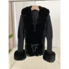 Autumn/Winter 2024 Women's Fur Coat Luxury Patchwork Knitted Sweater Bandage Fur Cardigan Detachable Collar Jacket Faux Fur Coat 5