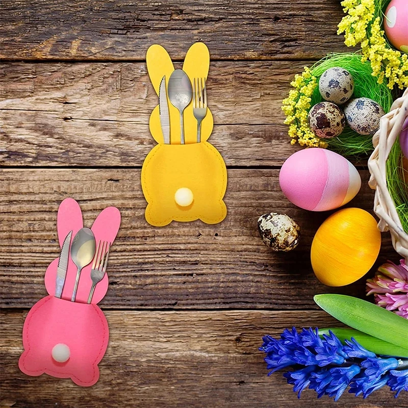 4Pcs Easter Knife Fork Holder Bags Felt Rabbit Cutlery Cover 2024 Happy Easter Decoration For Home Kids Birthday Party Tableware