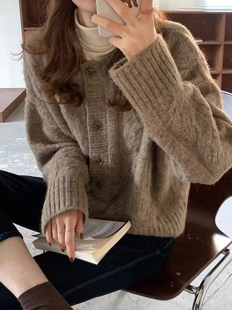 우아한 니트 가디건 스웨터 겉옷 여성용, 레트로 홍콩 스타일 느슨한 유휴 스타일 두꺼운 짧은 탑 가을 겨울