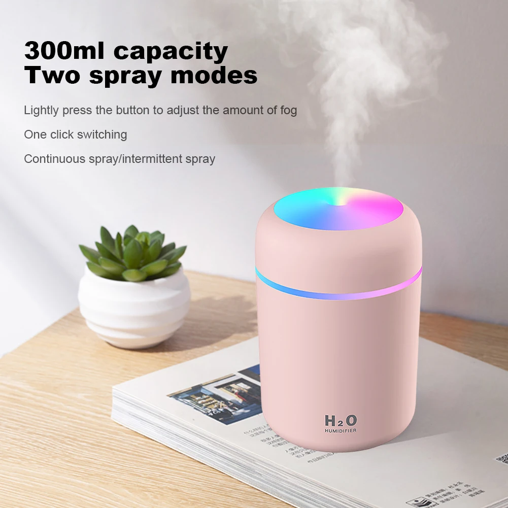 300ml 쿨 미스트 분무기 USB 컬러풀 조명 휴대용 전기 가습기 미니 초음파 가습기 (차량용/침실용)