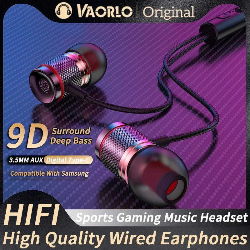 VAORLO 9D HIFI Heavy Bass Earphone 3.5MM AUX/Type-C Digital Chip 7.1 Surround Stereo Wired Headset With Mic Earbud For Samsung Android