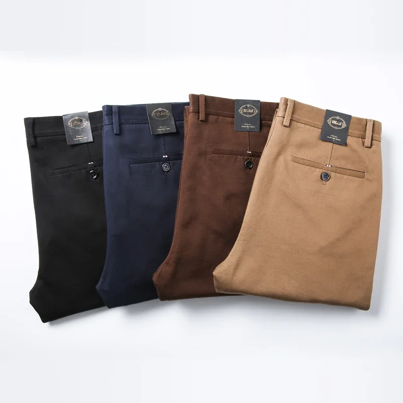 98% Cotton Classic Men's Brown Business Straight Casual Pants Solid Stretch High Waist Office Trousers Male Brand Black Khaki 6