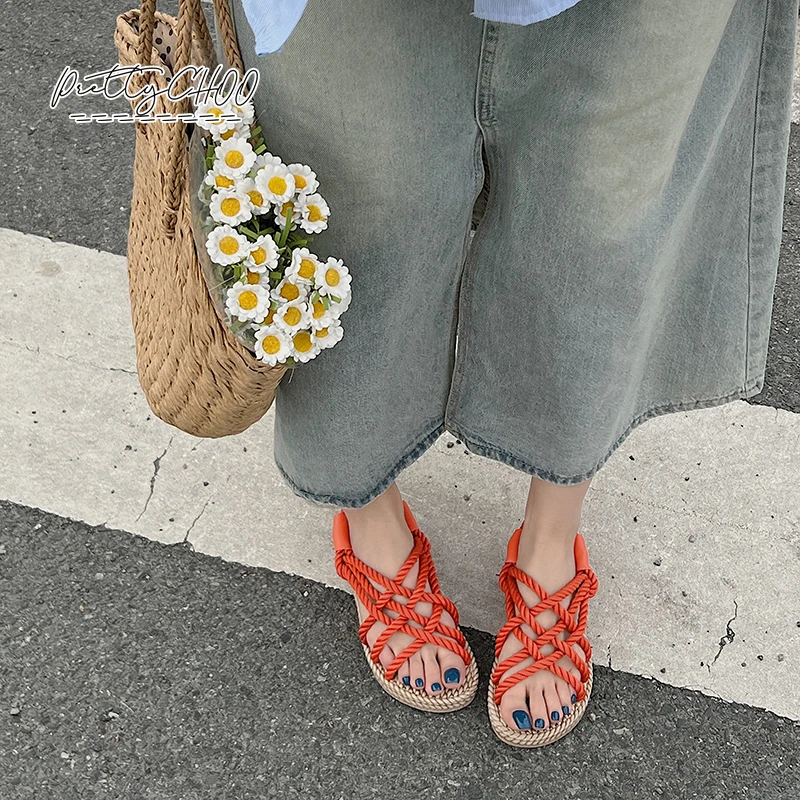 Rainbow Color Rope Sandals Woman Retro Weaved Fishman Sandalias Ladies Sea Blue Beach Slippers Handmade Bohemian Straw Shoes