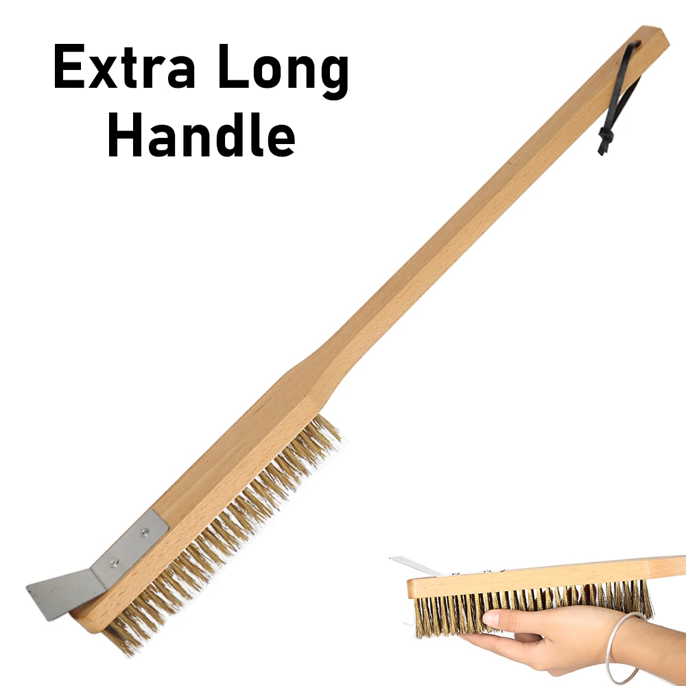 Oven Cleaning Brush 22inch Pizza Oven Brush with Scraper Grill Copper Long Wood Handle Cleaner Oven Accessories Onilini