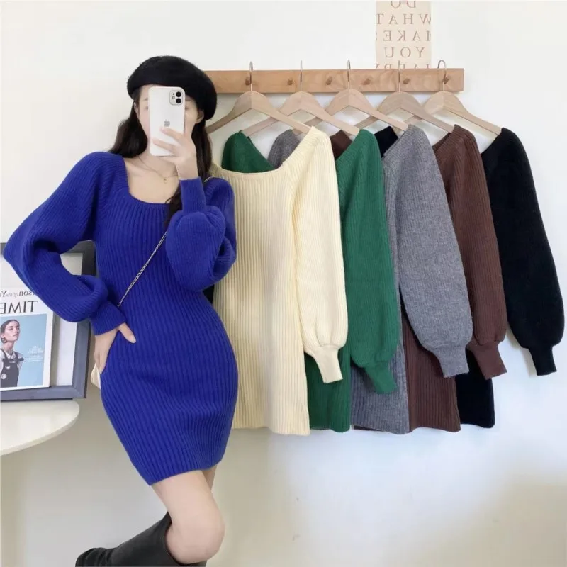 

Early Spring Pullover Square Neck Loose Long sleeved Solid Color Knitted Sweater Dress Slimming Elegance Sexy Style Short Skirt