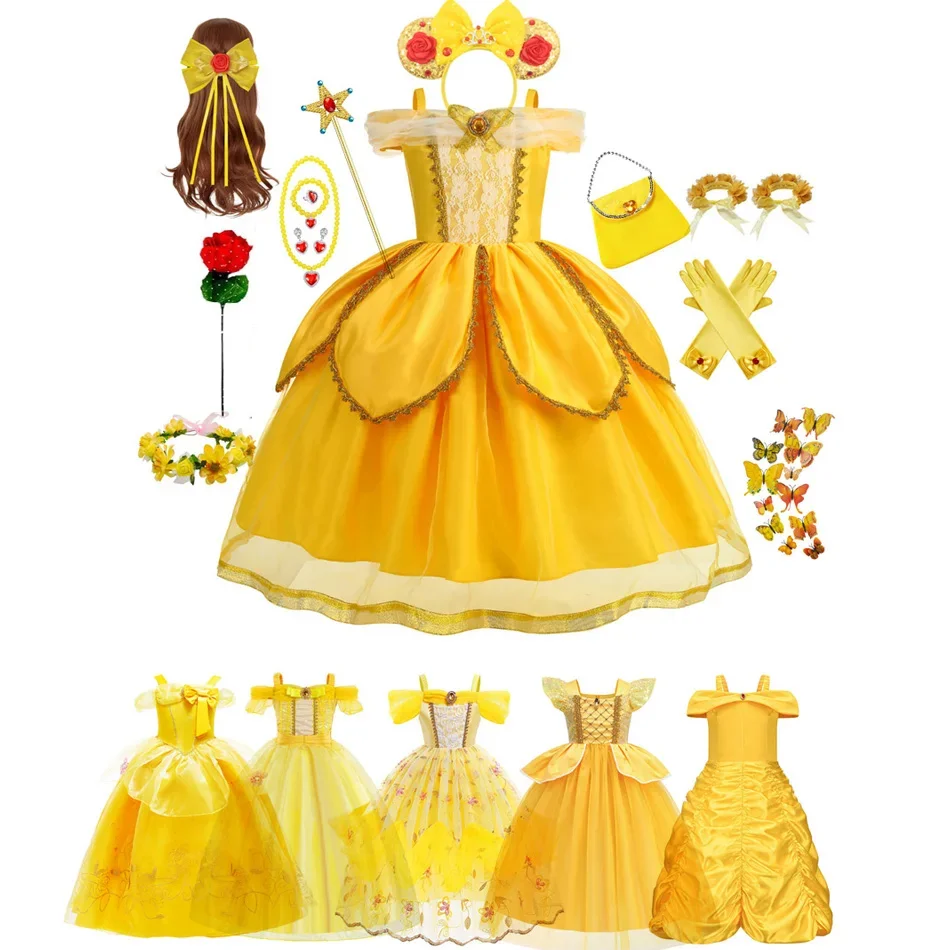 belle dress halloween Princess Belle Dress 3D Flowers Party Ball Gown Carnival Dress Hallowe –  Sun Baby