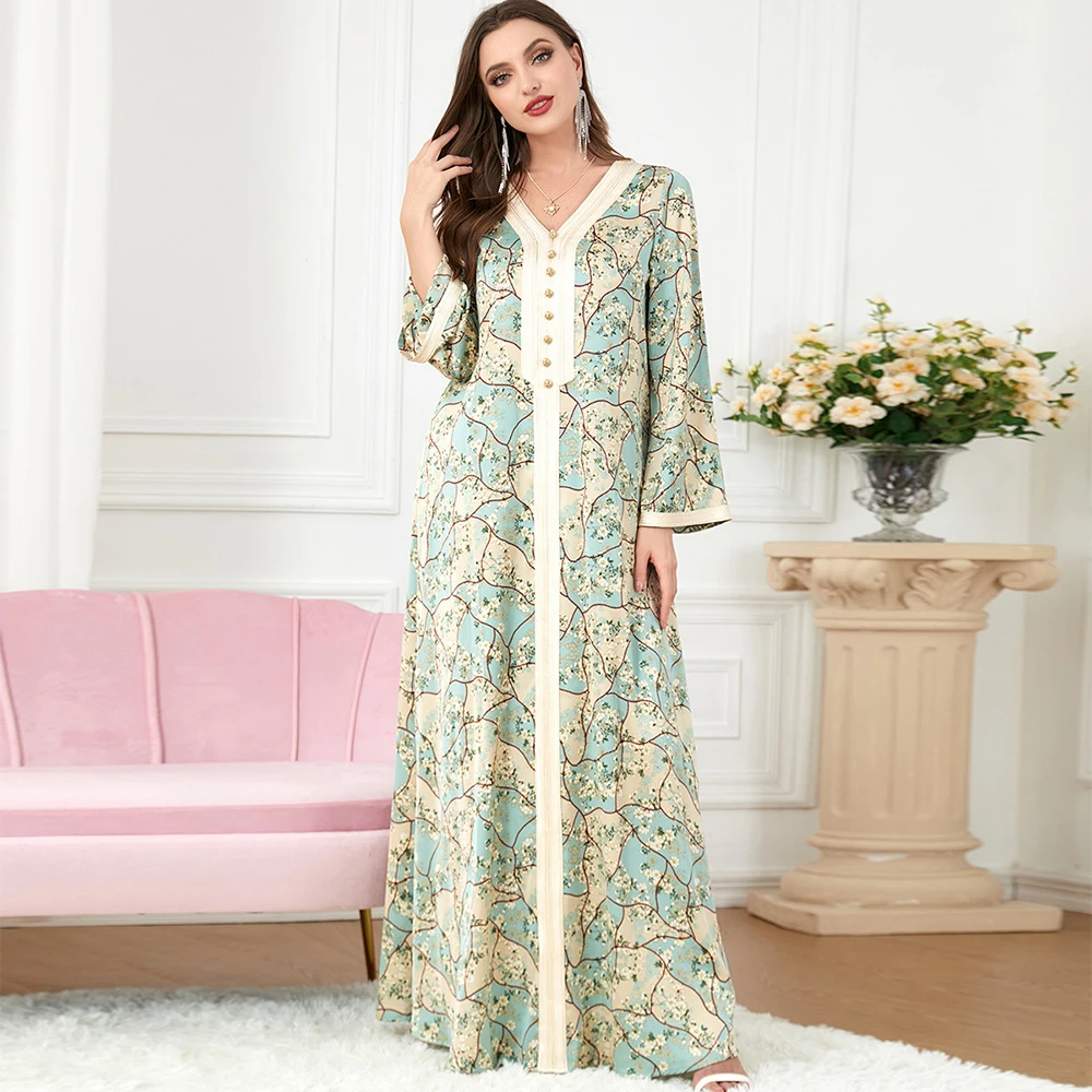 Friday Muslim Ramadan Elegant Button Decorated V Neck Floral Lace Bell Sleeves Holiday Party Loose Women's Arabic Long Dress