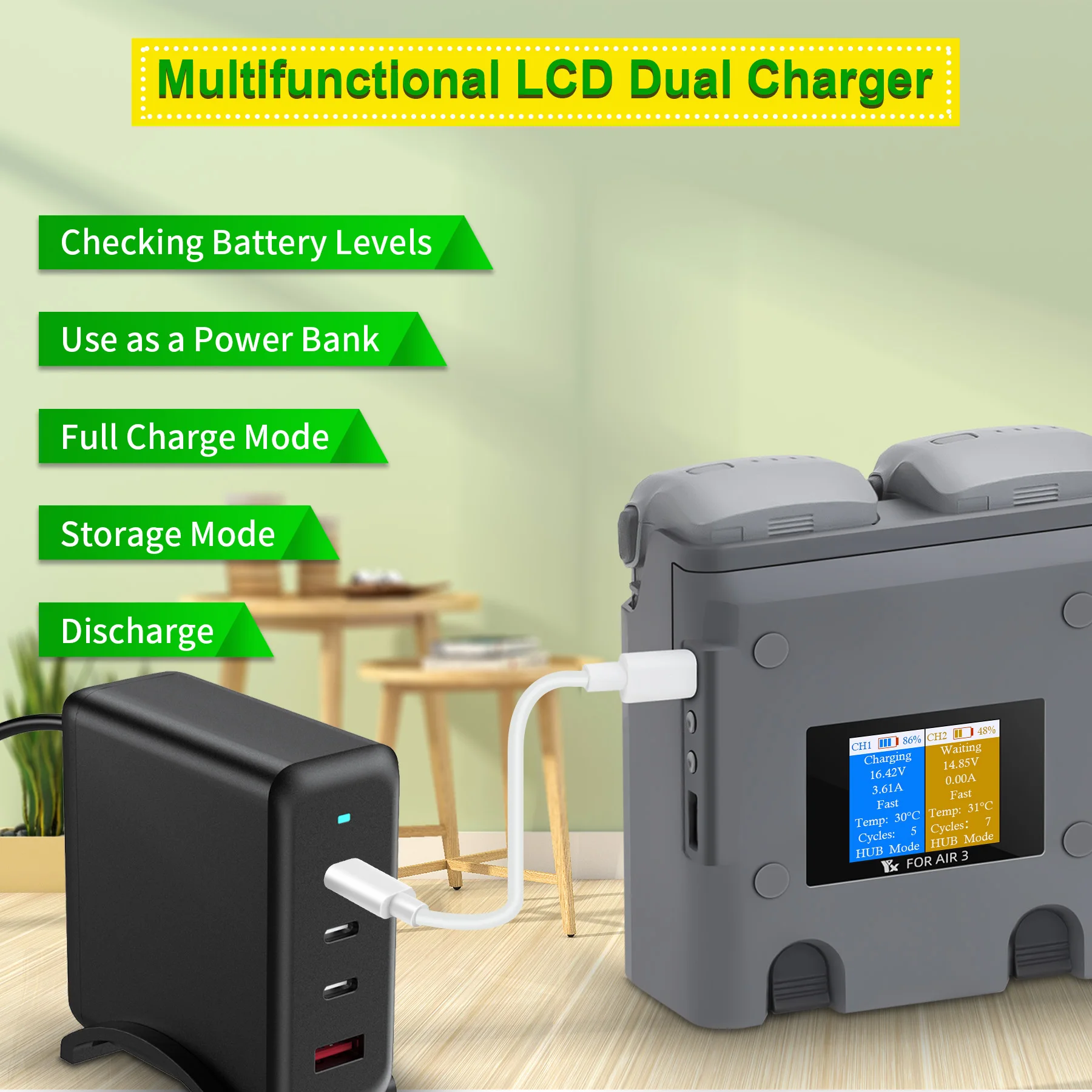 Main tenant un chargeur intelligent pour batterie DJI AIR 3 et AIR 3S, écran LED allumé