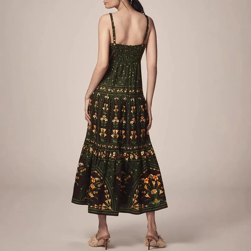 Ethnic Vintage Print A-Line Boho Dress Woman Spring Slash Neck Hollow Out  Sling Dress New Summer Backless Zip Pleated Long Dress - AliExpress  200000345