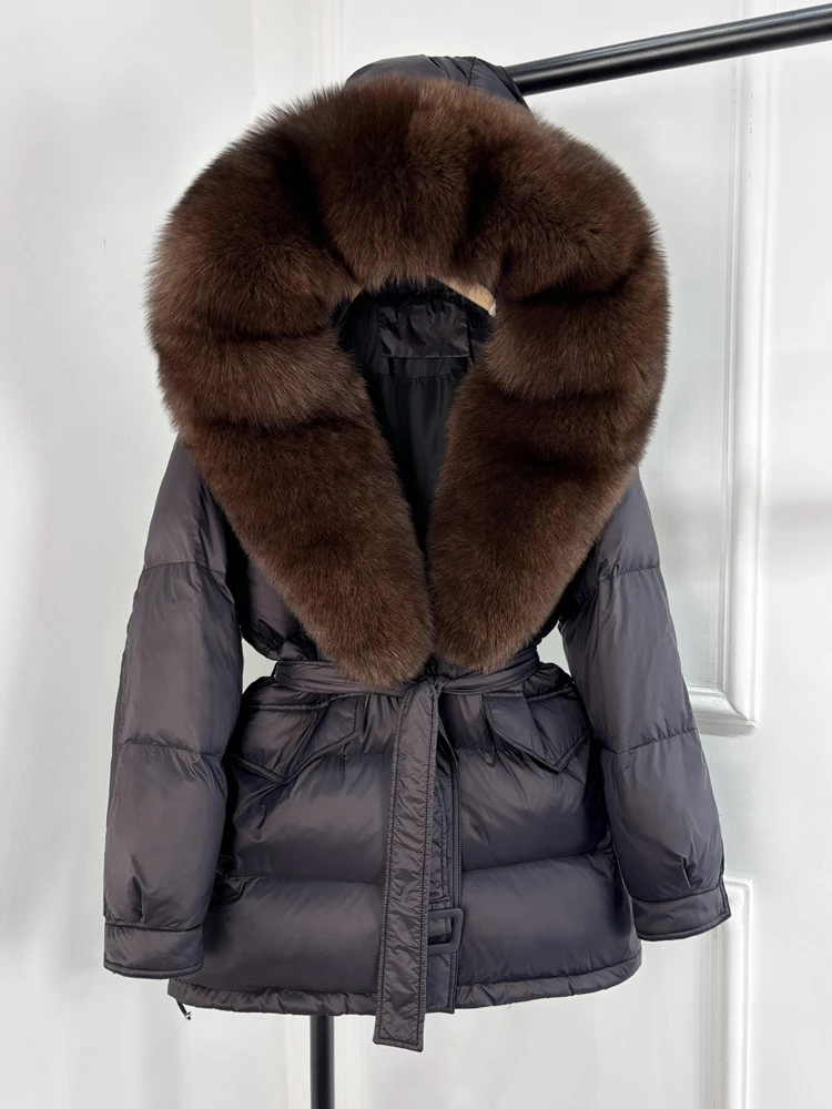 Lagabogy 2025 Thick Warm Mid-Long Puffer Coat Real Fox Fur Collar White Duck Down Coat Female Loose Warm Hooded Parkas With Belt