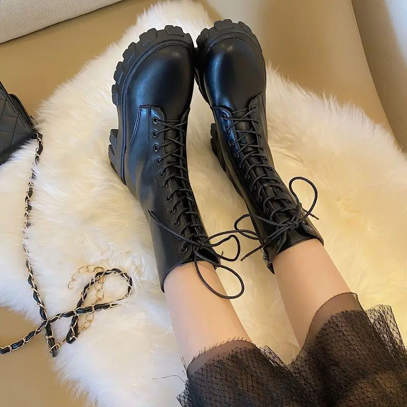Scarpe Per Donna Stivali Da Donna A Metà Polpaccio Calzature Con Punta Tonda Mezzo Alto New Rock Biker Nero Gyaru Impermeabile Offerta Di Spedizione G