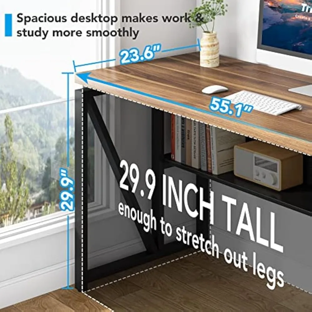 Desk with Drawer, 55" Long Computer Desk with Storage Rack and Mobile Document Cabinet, Home Office Furniture Set Executive Desk 2