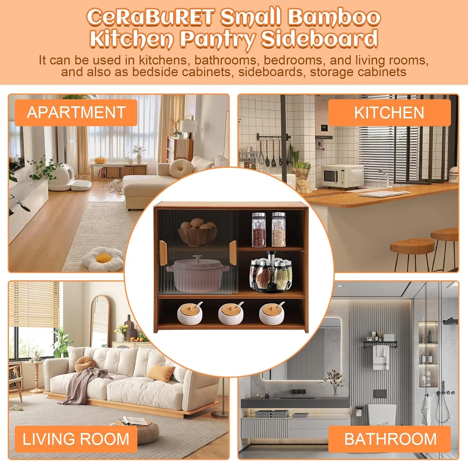 Small Bamboo Kitchen Pantry Sideboard with 2 Sliding Striped Glass Doors, Tea-Colored Freestanding Countertop Storage Cabinet