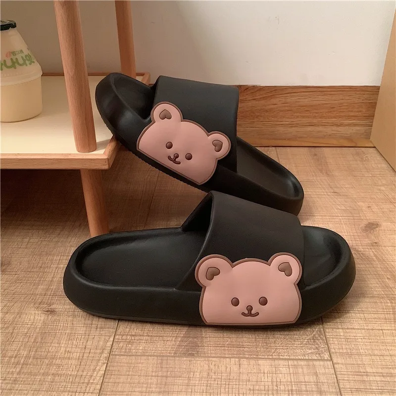 2024 Summer Women's Slippers Beach Home Cartoon Bear Character Slippers Unisex Thick Sole Indoor Bathroom Anti Slip Shoes Couple