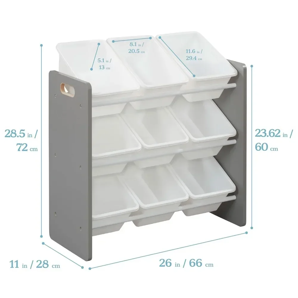 3-Tier Organizer with 9 Bins, Toy Storage, Grey/White 3