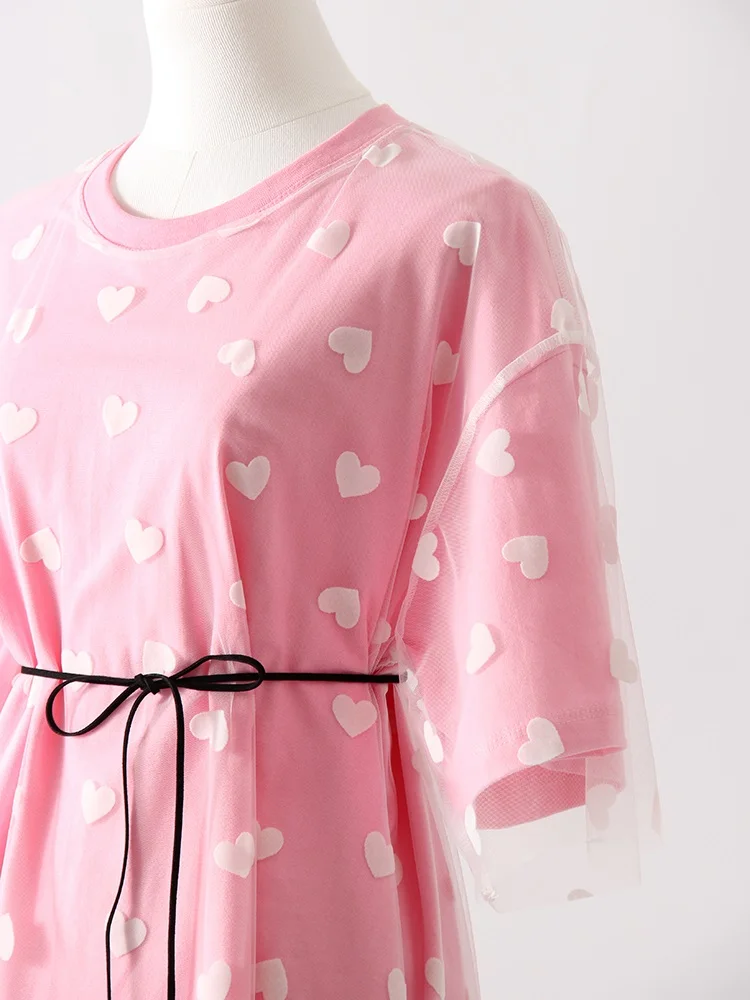 Long Mesh T Shirt Dress For Women Short Sleeve Heart Tulle Fake Two Piece Dresses WOmen's White Loose Maxi Dress With Heart Red