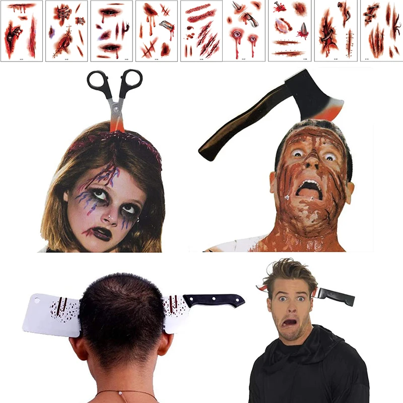 

Halloween Costume Scary Weapon Headbands Rubber Plastic Knife Axe Cleaver and Scissor Horror Crown For Teen Men Halloween Decor