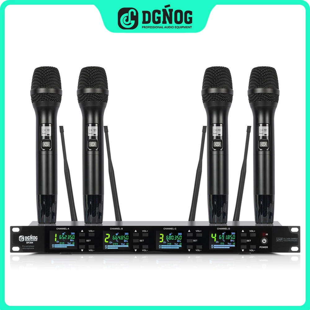 

Professional 4 Channel Wireless Microphone System DGNOG DF204 Cordless UHF Handheld Dynamic Mic For Karaoke Party Church Party