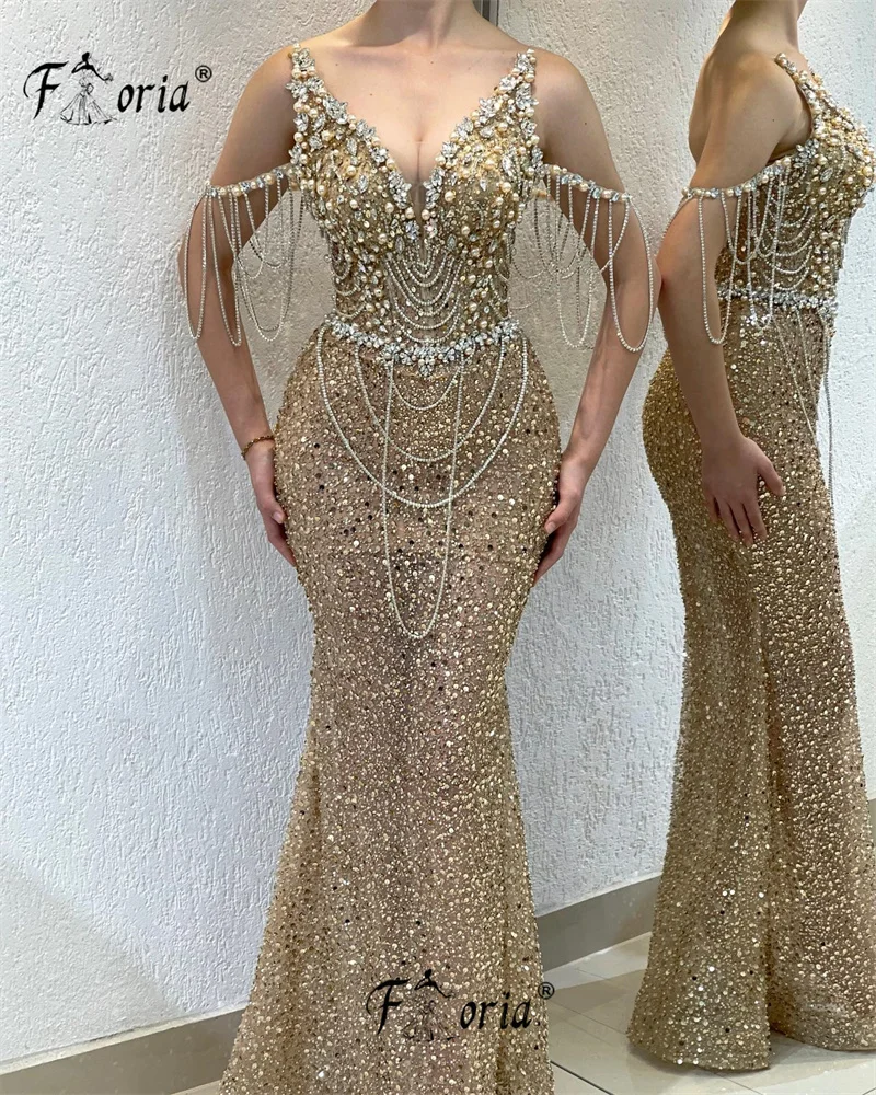 Luxus Perlen Quaste Ballkleider für Frauen Gold Strass Kristall Abend party Kleid Promi Zeremonie Perlen Vestidos
