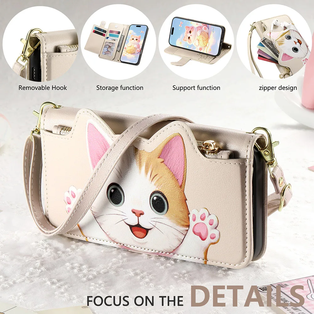 Charming Cat Crossbody Lanyard Wallet Phone Case Cover
