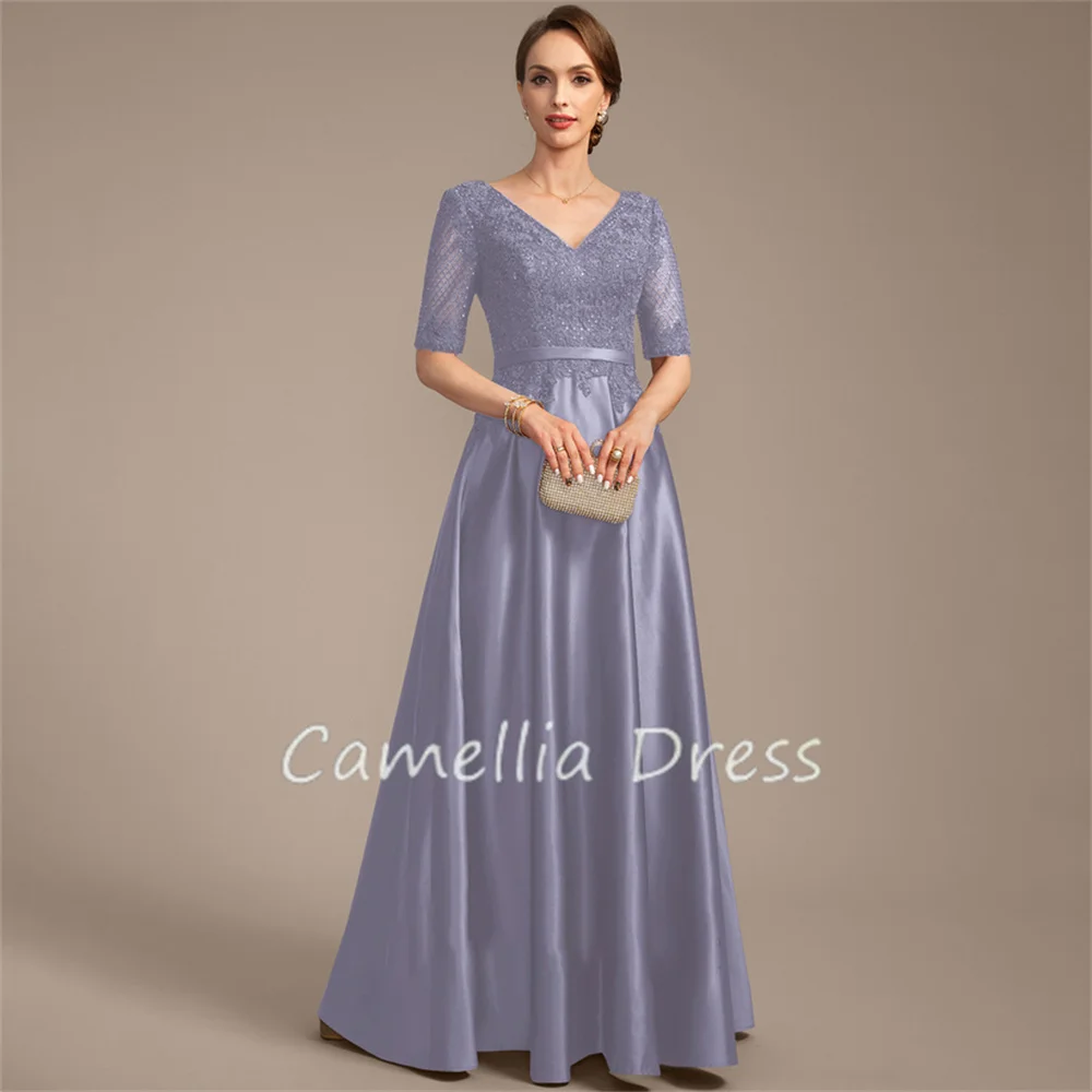 V-Neck Mother Of The Bride Dress Floor-Length Lace Satin A Line With Sequins Formal Dresses Vestidos Mae Da Noiva Casamentos mother bride dresses
