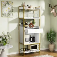 Wine Bar Cabinet with LED Lights Industrial 67" Tall Coffee Bar with Glass Rack Liquor Cabinet Wine Rack Storage Metal Wood Sid 6