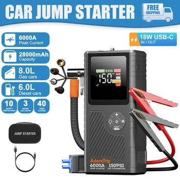 AdoreTrip 6000A Avviatore di emergenza per auto con compressore d'aria fino a 150PSI, Power Bank portatile, Avviatore di emergenza per batteria con display intelligente