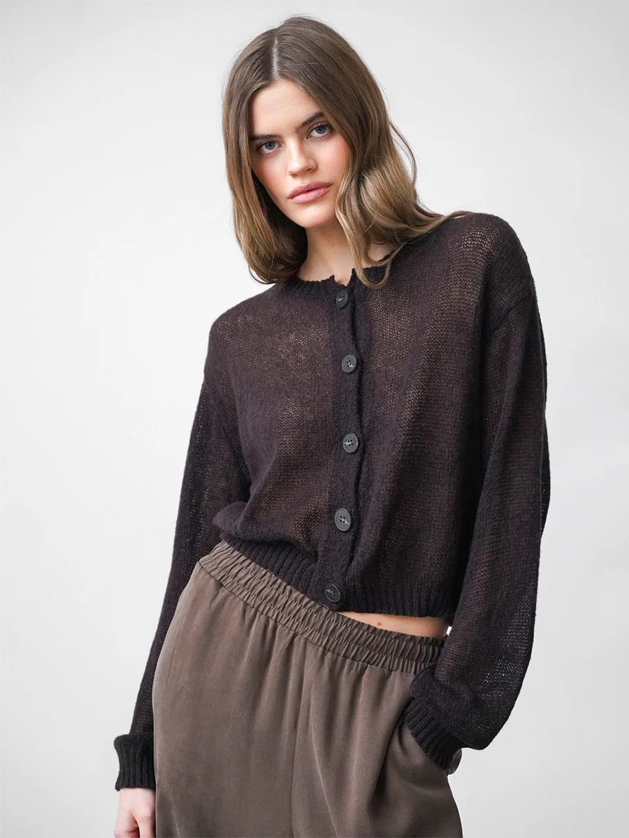 Bornladies Women's Solid Color Knit Cardigan Minimalist Design Button Front Short Style Casual Autumn Winter Sweaters