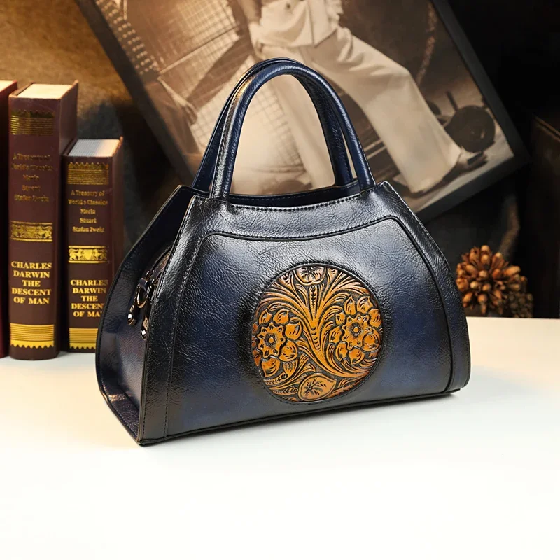 

Genuine Leather Retro Handbag Business Cowhide Women's Bag Fashion Embossing Dumpling Bag Large Capacity Shoulder Messenger Bags