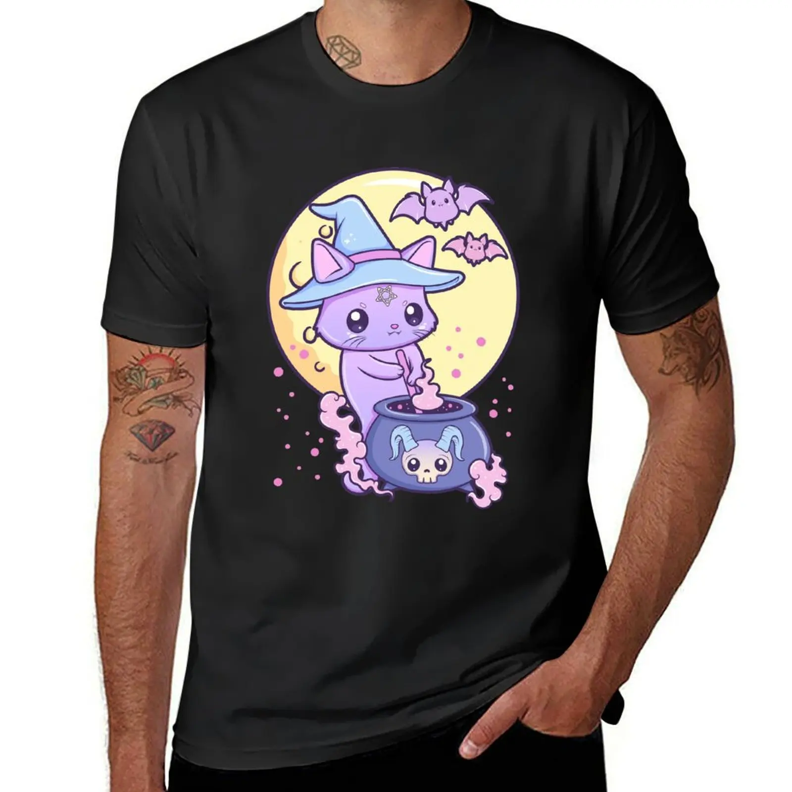 Kawaii Pastel Goth Cute Creepy Occult Witch Cat T-Shirt plain vintage quick drying aesthetic clothes Men's t-shirt