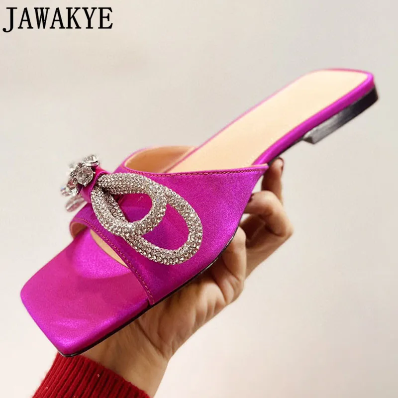 

JAWAKYE Summer New Slippers Flat Heel Bowtie-knot Crystal Slides Colorful Holiday Shoes Women Outdoor Dress Mules