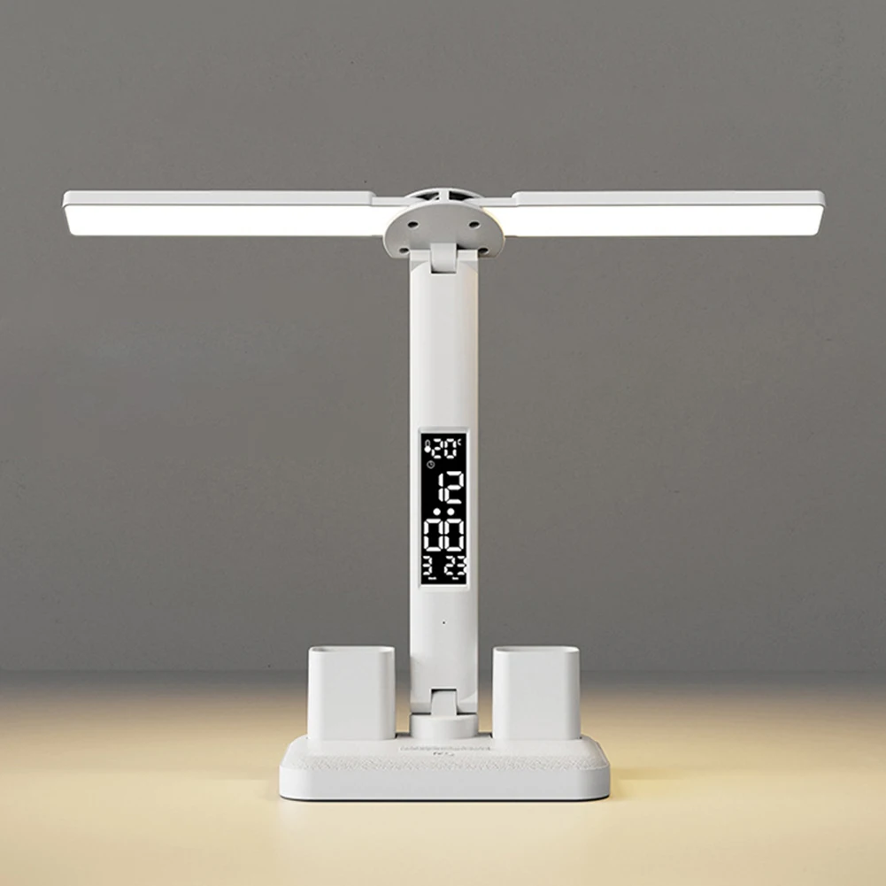 펜꽂이 달력이 있는 LED 시계 테이블 램프, 조도 조절 가능, 눈 보호 독서 야간 조명, 2 헤드 180 회전, 침실 침대 옆