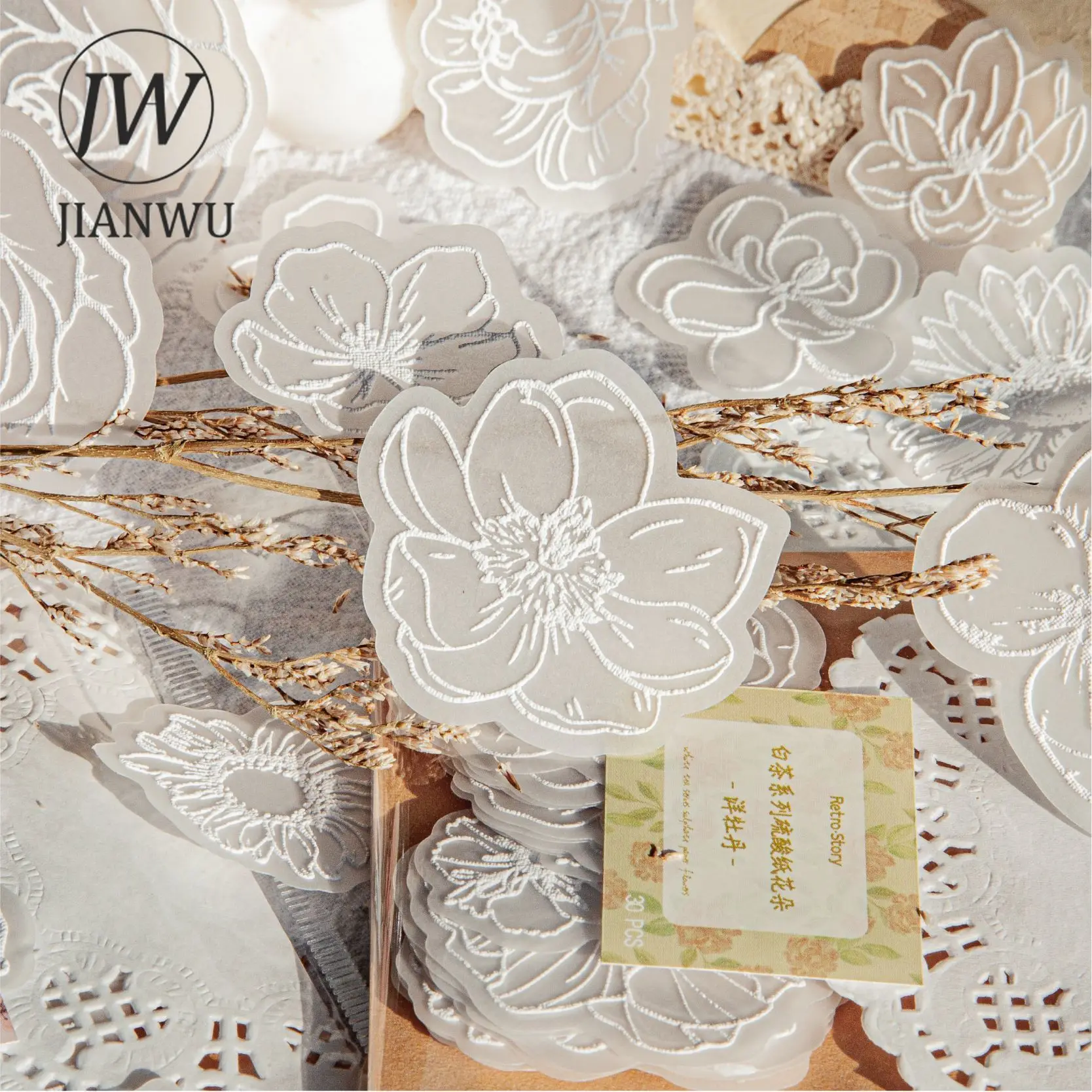 

JIANWU 30 Sheets White Tea Series Vintage Flower Litmus Paper Decor Material Paper Creative DIY Journal Collage Stationery