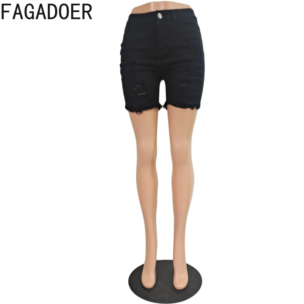 FAGADOER Fashion Denim Hollow Out Skinny Shorts Women High Waist Button Pocket Elasticity Shorts Casual Female Matching Bottoms