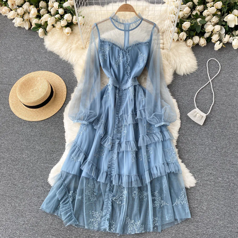 

New Arrival Spring Summer Mesh Patchwork Lace Dress Luxury Elegant Women O Neck Ruffles Sequin Embroidery Flowers Midi Vestidos