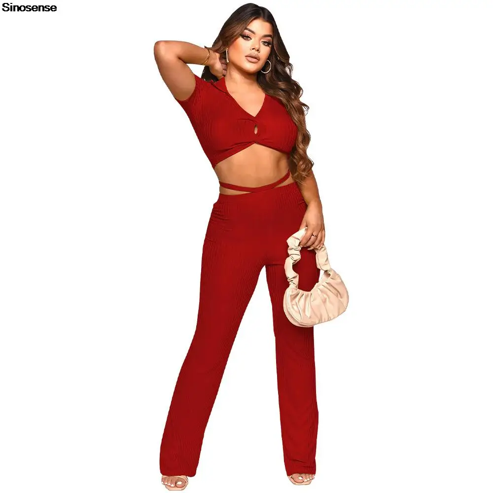 

Women's Ribbed Knit 2 Piece Outfits Sexy V Neck Short Sleeve Crop Top Bodycon Long Pants Sets Ins Streetwear Club Party Outfits