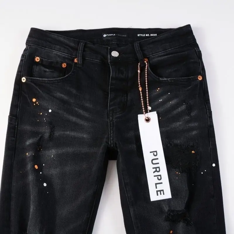 Purple New Men's Knee Ripped Straight Jeans American High Street Inkjet Black Stretch MEN JEANS 5