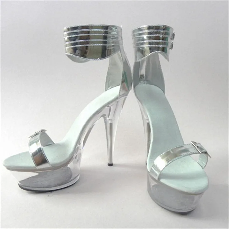 

Elegant Crystal Shoes 15cm Ultra High Heels Sandals Silver Bride Wedding 6 Inch Platform Heels Crystal Strappy dance shoes