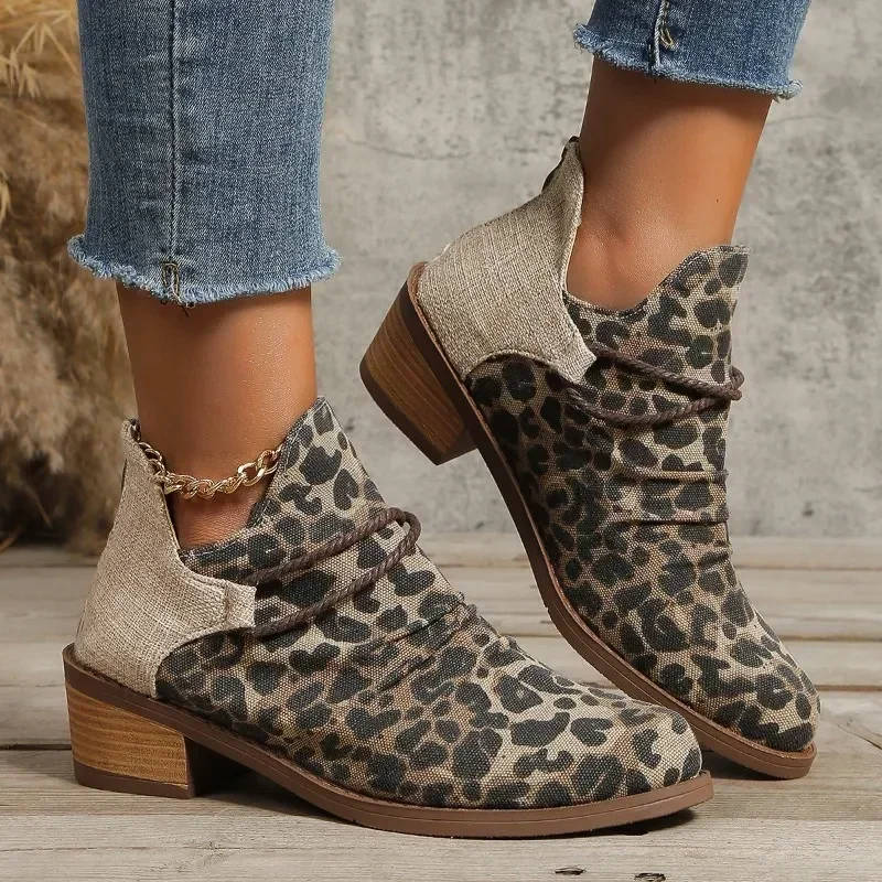 

Vintage Suede Short Boots Woman Autumn Winter Leopard Pattern Ankle Boots Women Slip-on Casual Women's Shoes Zapatos De Mujer