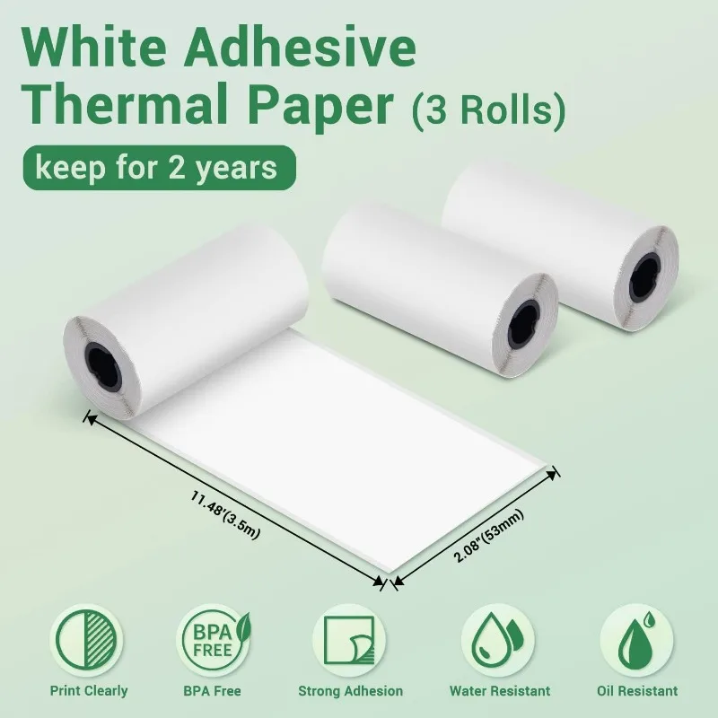 Self-Adhesive Thermal Paper for M02/T02/M02 Pro/M02S/M03/M03AS/M04S/M04AS Mini Sticker Printer, Black on White/Color,50mm x 3.5m