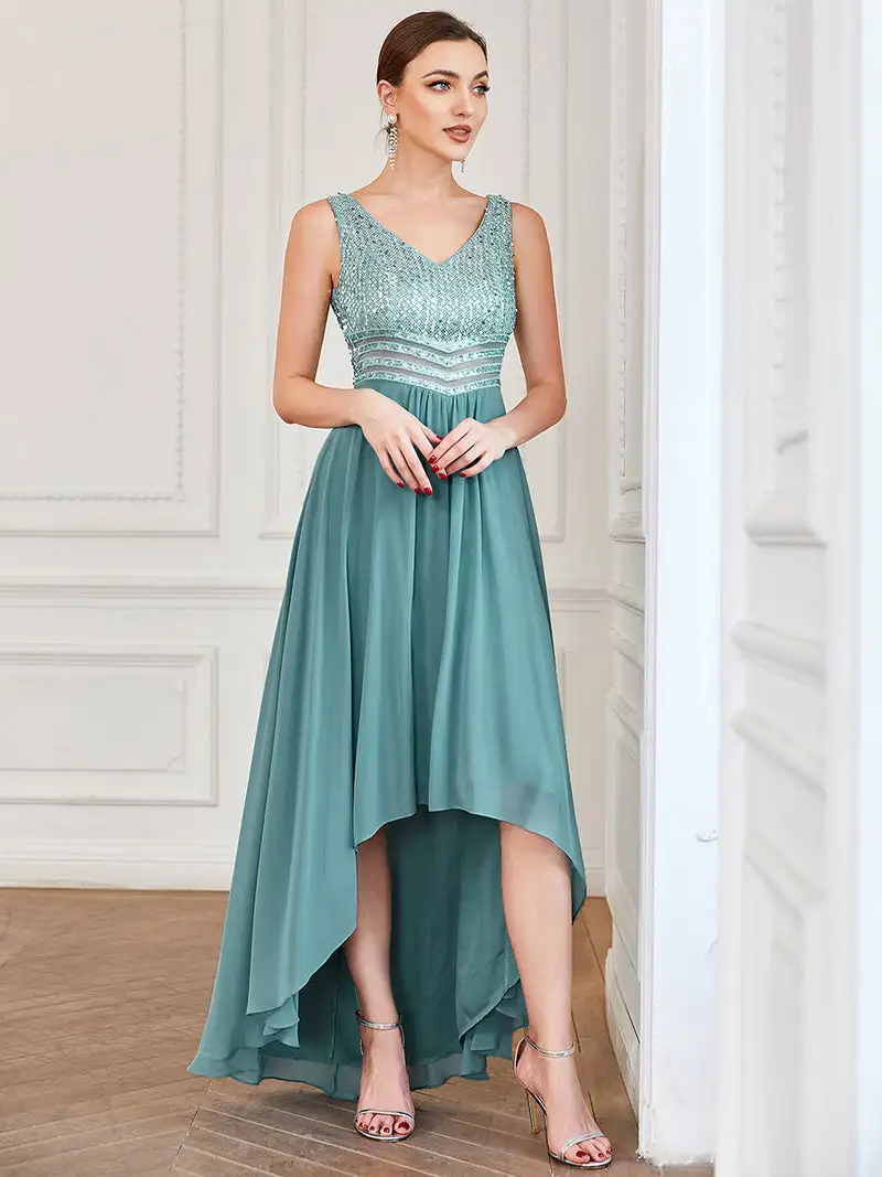 

Elegant Evening Dresses Sexy High-Low Maxi Backless 2024 Ever Pretty of Dusty Blue Chiffon A-LINE Bridesmaid dress Women