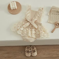 VISgogo Baby Girls Princess Romper Plain Floral Lace Embroidery Skirt Layered Adjustable Straps Snap Bottom Jumpsuit 2