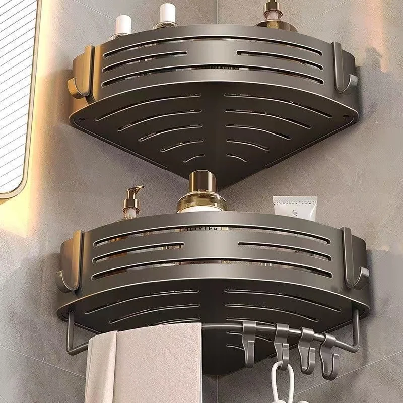 رف زاوية للحمام بدون مثقاب، أرفف زاوية دش مثبتة على الحائط مع شريط منشفة بخطاف، رف منظم للحمام من الألومنيوم