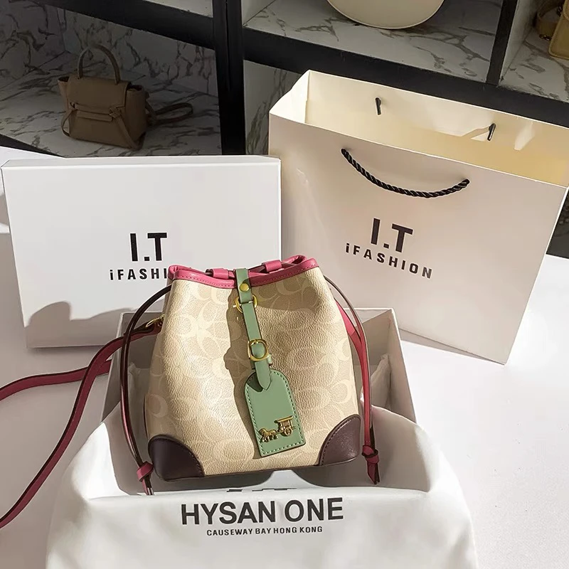 حقيبة يد نسائية فاخرة خفيفة، حقيبة دلو برباط على ا...