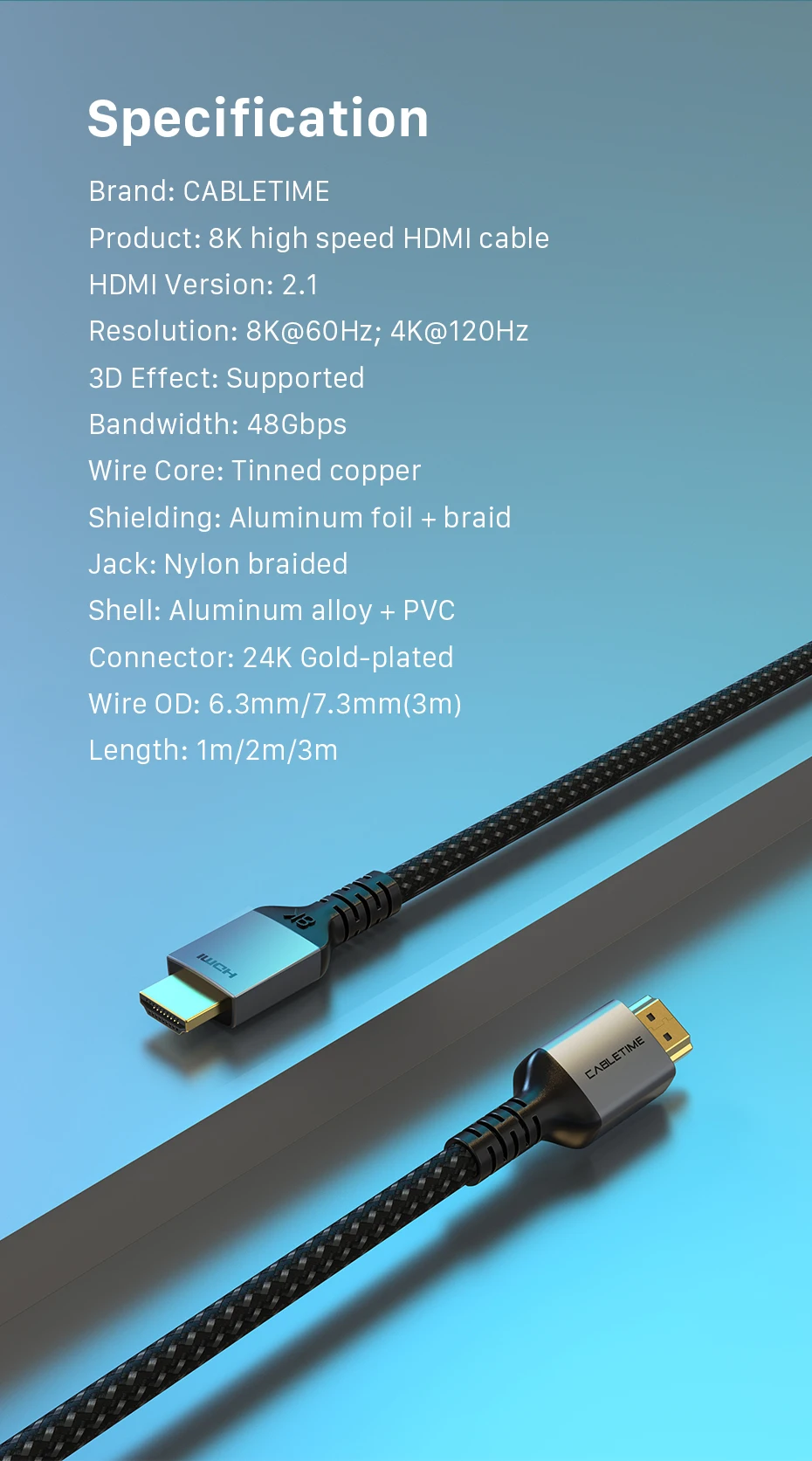 CABLETIME HDMI 2.1-Kabel 8K/60Hz 4K/144Hz 48Gbps Ultra-Slim Koaxiales HDMI-Videokabel für PS4 Macbook Air HDTVs 8K HDMI – Detail 13