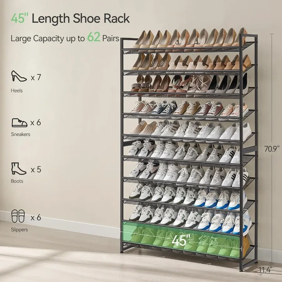 Shoe Rack Long Shoe Organizer Max Holds 62 Pairs 10 Tier Metal Shoe Storage Shelf 5Tier Stackable Shoes Organizer for Garage En